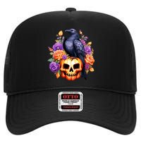 Kawaii Halloween Raven With Pumpkin And Flowers High Crown Mesh Back Trucker Hat