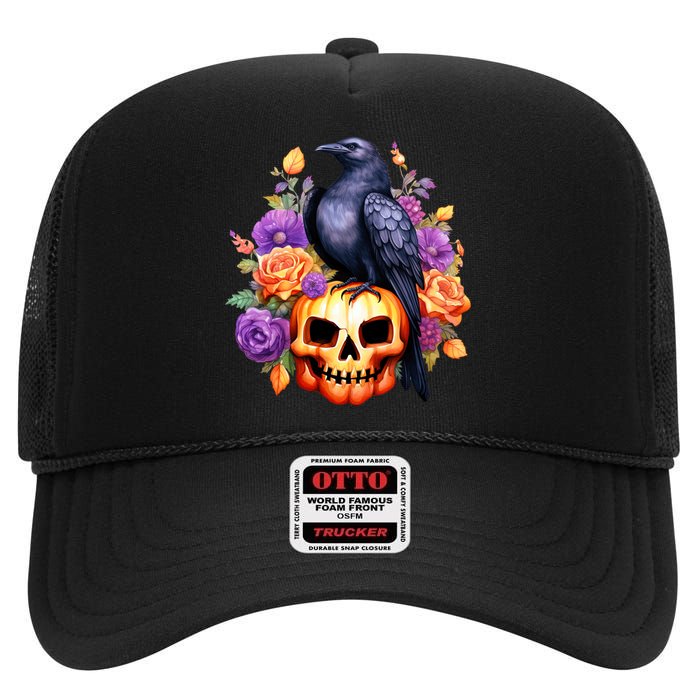 Kawaii Halloween Raven With Pumpkin And Flowers High Crown Mesh Back Trucker Hat