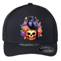 Kawaii Halloween Raven With Pumpkin And Flowers Flexfit Unipanel Trucker Cap