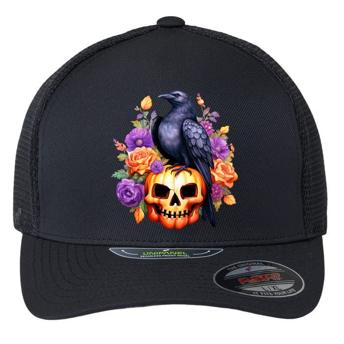 Kawaii Halloween Raven With Pumpkin And Flowers Flexfit Unipanel Trucker Cap