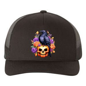 Kawaii Halloween Raven With Pumpkin And Flowers Yupoong Adult 5-Panel Trucker Hat