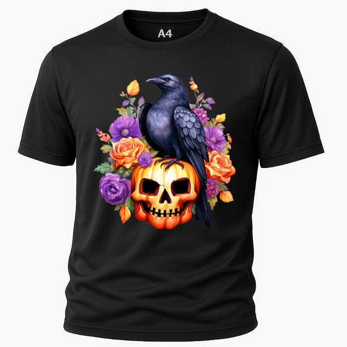 Kawaii Halloween Raven With Pumpkin And Flowers Cooling Performance Crew T-Shirt