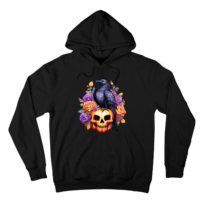 Kawaii Halloween Raven With Pumpkin And Flowers Hoodie