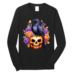 Kawaii Halloween Raven With Pumpkin And Flowers Long Sleeve Shirt