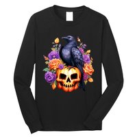 Kawaii Halloween Raven With Pumpkin And Flowers Long Sleeve Shirt