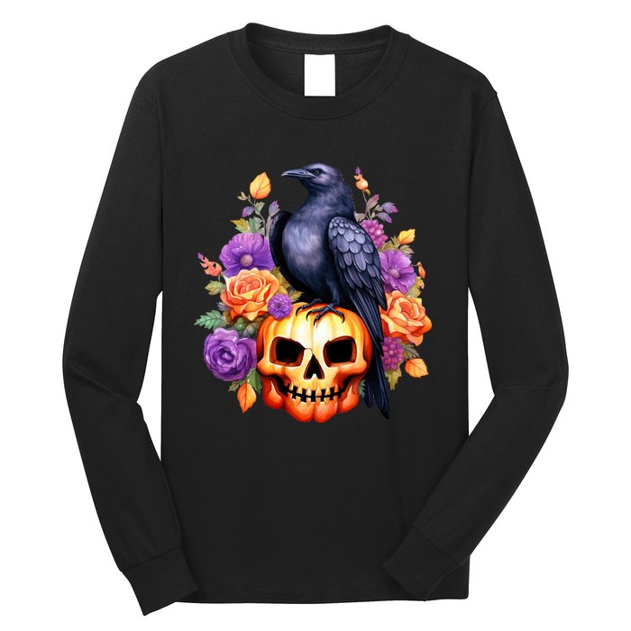 Kawaii Halloween Raven With Pumpkin And Flowers Long Sleeve Shirt