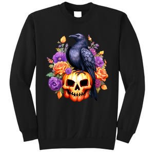 Kawaii Halloween Raven With Pumpkin And Flowers Sweatshirt