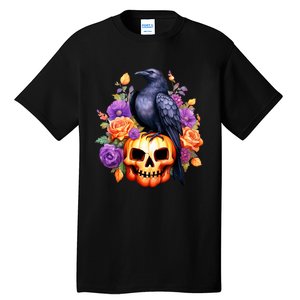 Kawaii Halloween Raven With Pumpkin And Flowers Tall T-Shirt