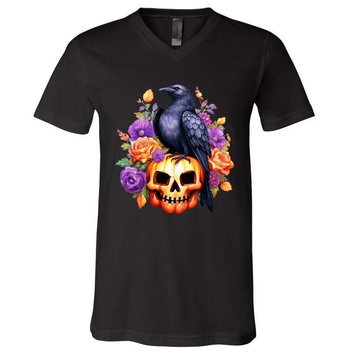 Kawaii Halloween Raven With Pumpkin And Flowers V-Neck T-Shirt