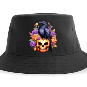 Kawaii Halloween Raven With Pumpkin And Flowers Sustainable Bucket Hat