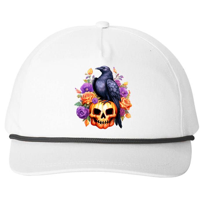 Kawaii Halloween Raven With Pumpkin And Flowers Snapback Five-Panel Rope Hat