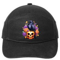 Kawaii Halloween Raven With Pumpkin And Flowers 7-Panel Snapback Hat