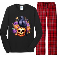 Kawaii Halloween Raven With Pumpkin And Flowers Long Sleeve Pajama Set