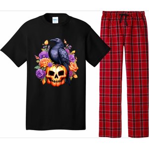 Kawaii Halloween Raven With Pumpkin And Flowers Pajama Set