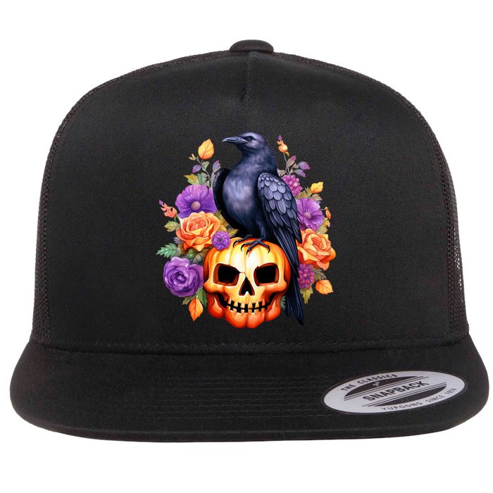 Kawaii Halloween Raven With Pumpkin And Flowers Flat Bill Trucker Hat