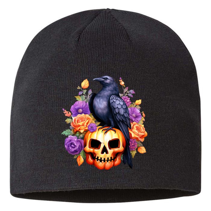 Kawaii Halloween Raven With Pumpkin And Flowers Sustainable Beanie