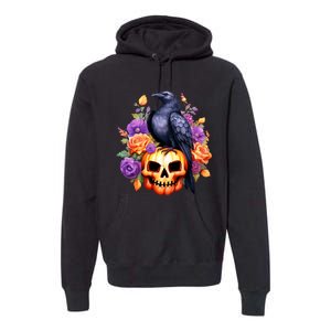 Kawaii Halloween Raven With Pumpkin And Flowers Premium Hoodie