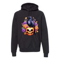 Kawaii Halloween Raven With Pumpkin And Flowers Premium Hoodie