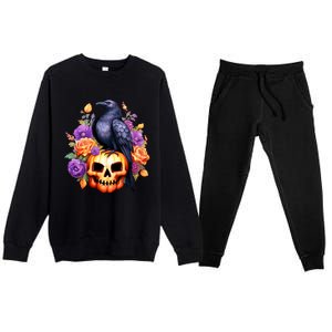 Kawaii Halloween Raven With Pumpkin And Flowers Premium Crewneck Sweatsuit Set