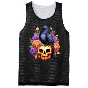 Kawaii Halloween Raven With Pumpkin And Flowers Mesh Reversible Basketball Jersey Tank