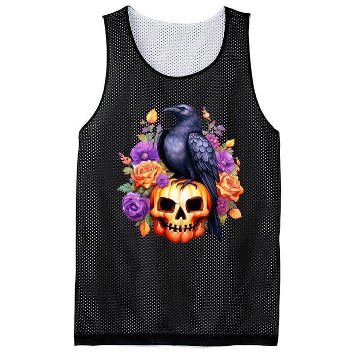 Kawaii Halloween Raven With Pumpkin And Flowers Mesh Reversible Basketball Jersey Tank