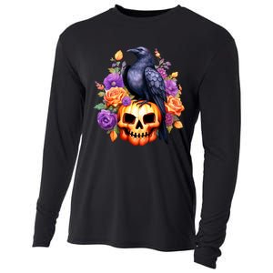 Kawaii Halloween Raven With Pumpkin And Flowers Cooling Performance Long Sleeve Crew