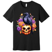 Kawaii Halloween Raven With Pumpkin And Flowers Premium T-Shirt