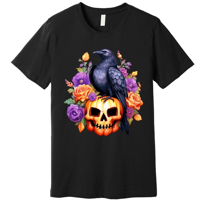 Kawaii Halloween Raven With Pumpkin And Flowers Premium T-Shirt