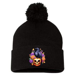 Kawaii Halloween Raven With Pumpkin And Flowers Pom Pom 12in Knit Beanie