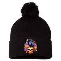 Kawaii Halloween Raven With Pumpkin And Flowers Pom Pom 12in Knit Beanie