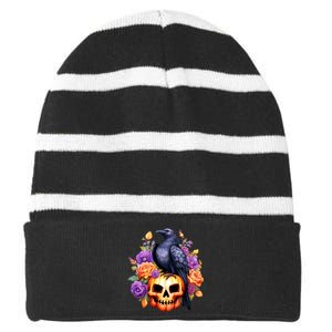 Kawaii Halloween Raven With Pumpkin And Flowers Striped Beanie with Solid Band