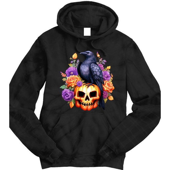 Kawaii Halloween Raven With Pumpkin And Flowers Tie Dye Hoodie