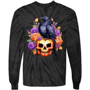 Kawaii Halloween Raven With Pumpkin And Flowers Tie-Dye Long Sleeve Shirt