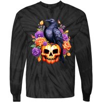 Kawaii Halloween Raven With Pumpkin And Flowers Tie-Dye Long Sleeve Shirt