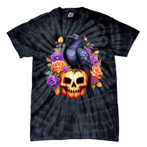 Kawaii Halloween Raven With Pumpkin And Flowers Tie-Dye T-Shirt