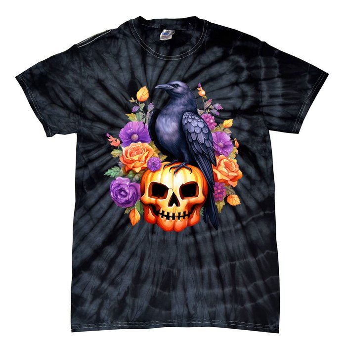 Kawaii Halloween Raven With Pumpkin And Flowers Tie-Dye T-Shirt