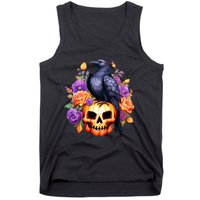 Kawaii Halloween Raven With Pumpkin And Flowers Tank Top