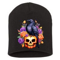 Kawaii Halloween Raven With Pumpkin And Flowers Short Acrylic Beanie