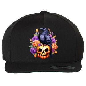 Kawaii Halloween Raven With Pumpkin And Flowers Wool Snapback Cap