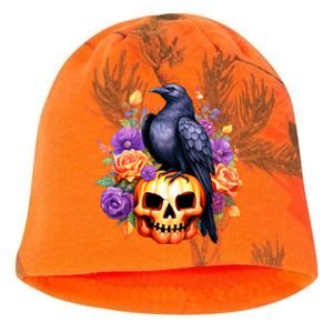 Kawaii Halloween Raven With Pumpkin And Flowers Kati - Camo Knit Beanie