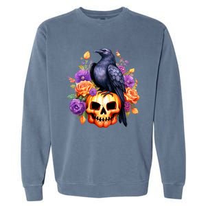 Kawaii Halloween Raven With Pumpkin And Flowers Garment-Dyed Sweatshirt