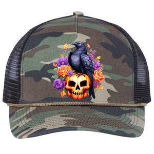 Kawaii Halloween Raven With Pumpkin And Flowers Retro Rope Trucker Hat Cap