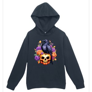 Kawaii Halloween Raven With Pumpkin And Flowers Urban Pullover Hoodie