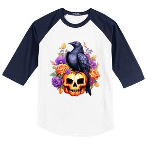 Kawaii Halloween Raven With Pumpkin And Flowers Baseball Sleeve Shirt