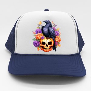 Kawaii Halloween Raven With Pumpkin And Flowers Trucker Hat