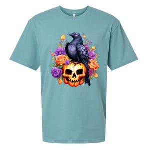 Kawaii Halloween Raven With Pumpkin And Flowers Sueded Cloud Jersey T-Shirt