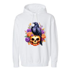 Kawaii Halloween Raven With Pumpkin And Flowers Garment-Dyed Fleece Hoodie