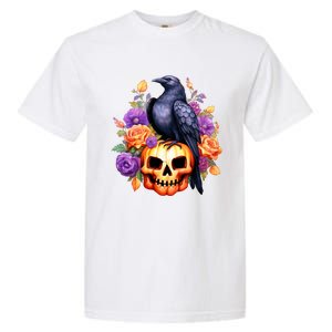 Kawaii Halloween Raven With Pumpkin And Flowers Garment-Dyed Heavyweight T-Shirt