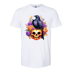 Kawaii Halloween Raven With Pumpkin And Flowers Softstyle CVC T-Shirt