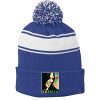 Kamala Harris Retro Portrait Stripe Pom Pom Beanie